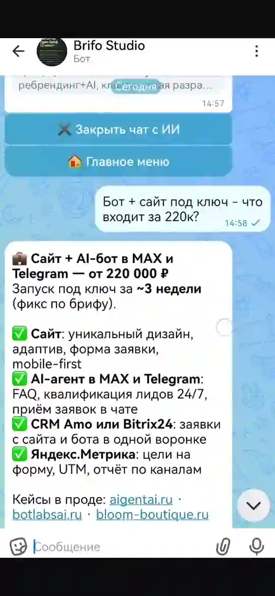 Бот отвечает составом пакета и сроками